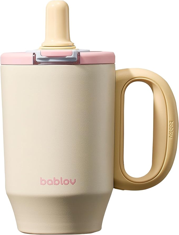 BABLOV 23 oz Ceramic Lined Tumbler with Straw - 316L Stainless Steel Insulated Coffee Tumbler with Lids Handle for Tea,Cold Hot Beverages at Home Office or on the Go Travel Coffee Mugs,Light Beige
