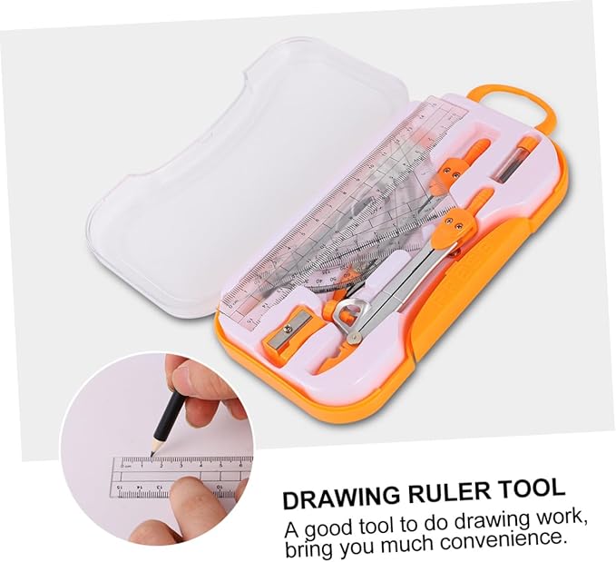 Uonlytech 1sets Student Geometry Math Set Metal Compass and Ruler Kit Eraser Sharpener and Storage Case for Drafting and Drawing for School and Office Use Random Color