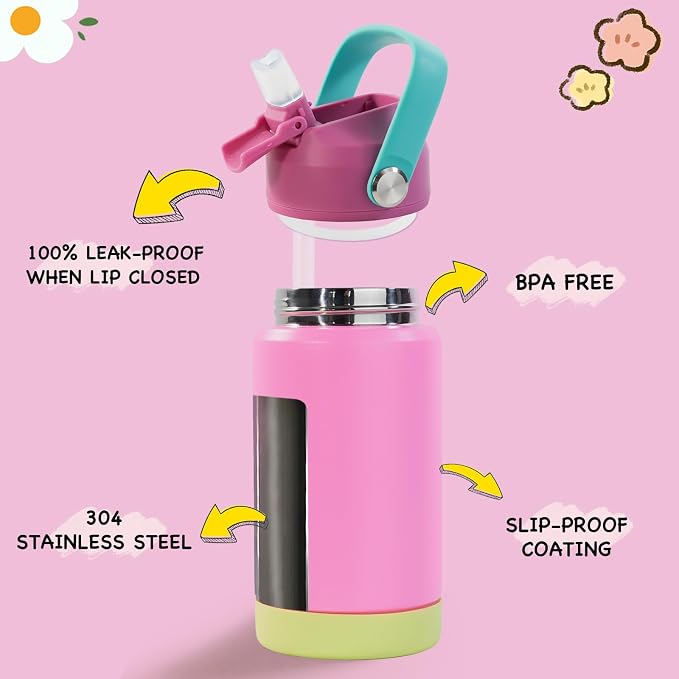 Kerilyn 12oz Kids Water Bottle, Stainless Steel Insulated Water Bottle for Kids, Toddler Cup with Straws Leak-Proof, Kids Water Bottles for School Boys Girls, BPA Free, Rose Red