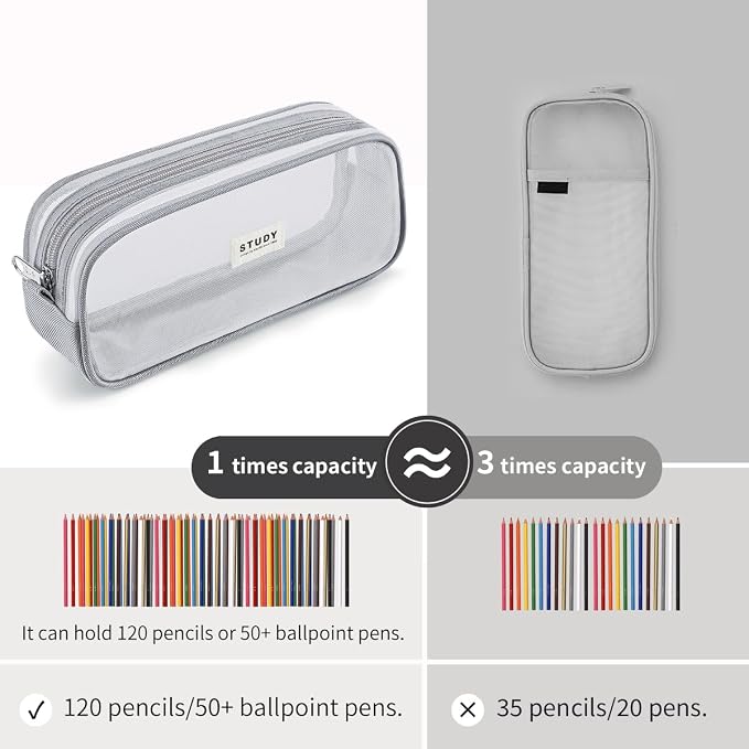 Grid Mesh Pencil Case Pouch Large Capacity Pencil Bag with Zipper | Big Pencil Pouch Grey Simple Stationery Bag Aesthetic Pen Bag for School Teen Girl Boy Multi-Purpose Bag for Office Men Women
