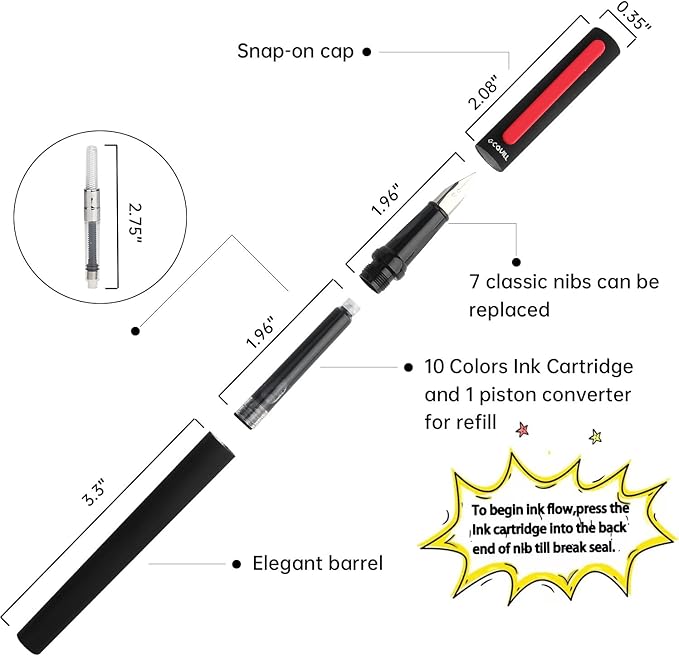 GC QUILL Calligraphy Pens Set 64pcs - Calligraphy Fountain Pen Set with 3 Fountain Pens, 7 Varied Nibs, 54 Ink Cartridges(10 Colors) - Writing, Drawing and Calligraphy Practice for beginner GC-F354