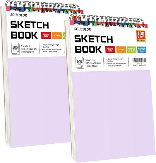Soucolor 9" x 12" Sketch Book, Gifts for Girl, Birthday Gifts for Women, Thank You Gifts, Stocking Stuffers,2 Pack Art Supplies 100-Sheets Each (68lb/100gsm) Purple Drawing Notebook for Kids