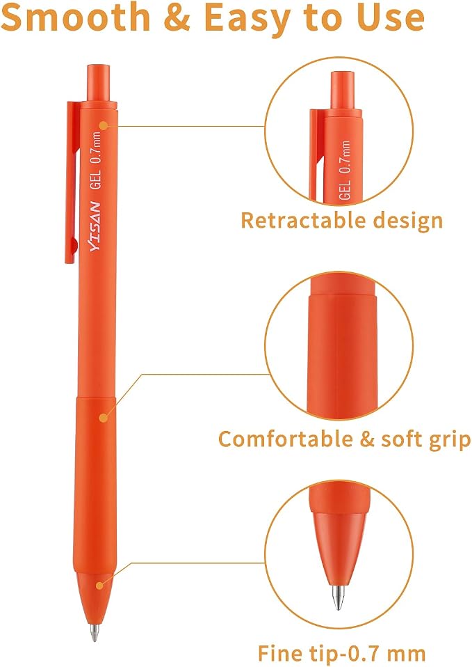 YISAN Colored Gel Pens,12 Pcs 0.7mm Fine Point Retractable Pens with Quick-Dry Ink - Smooth Writing for Journaling,Note Taking,Roller Ball Point,71082