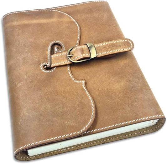 Leather Bound Vintage Journal for Women and Men – Handmade Violin Design Writing Notebook, 6x8 Travel Diary with Buckle Strip Closure, 200 Pages 125 GSM Recycled Cotton Paper