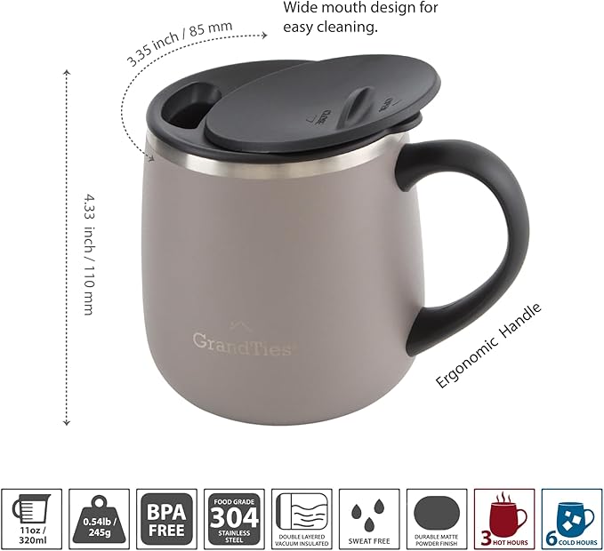 GRANDTIES 11oz Insulated Coffee Mug with Sliding Lid, Wine-Glass Shape Thermal Tumbler with Double Walled Vacuum Stainless Steel to Keeps Beverages Hot or Cold (Caffè Latte)