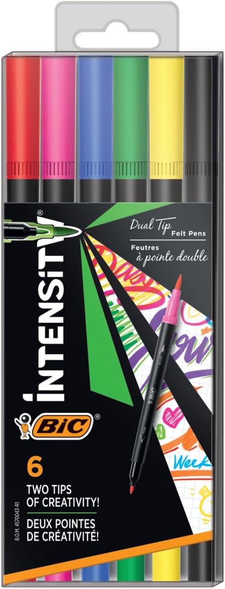 BIC Intensity 2 in 1 Dual Tip Fineliner Pens, Fine Tip (0.7mm) and Flexible Brush (3.7mm), Assorted Colors, 6-Count Pack