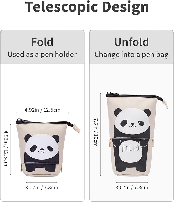 Sooez Standing Pencil Case, Cute Stand up Pencil Pouch, Telescopic Pen Pouch, Portable Pencil Holder, Spacious Pencil Pouch Bag for School Office Supplies, 7.5''x3.07'', Beige Panda