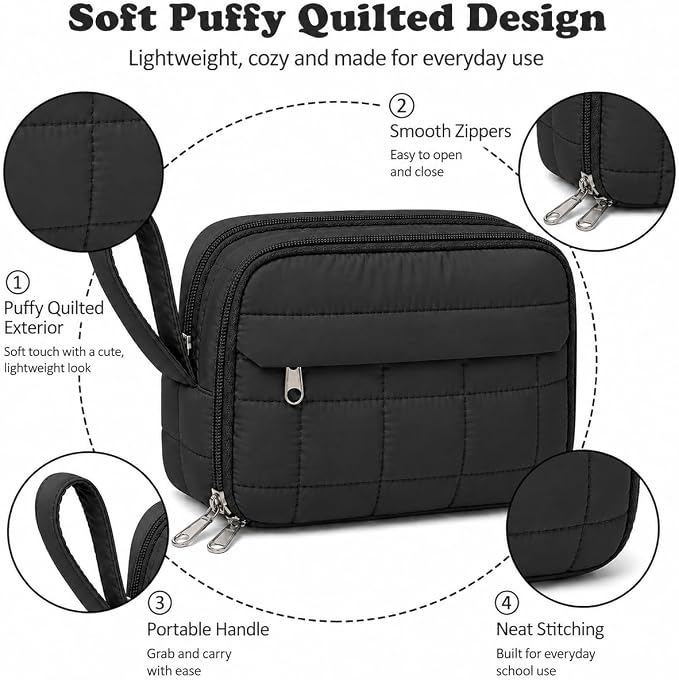 Puffer Quilted Pencil Pouch for Women, Large Capacity Organizer Bag with Multiple Compartments, Cute Aesthetic Pencil Case for Office, Travel & Daily Essentials (black)