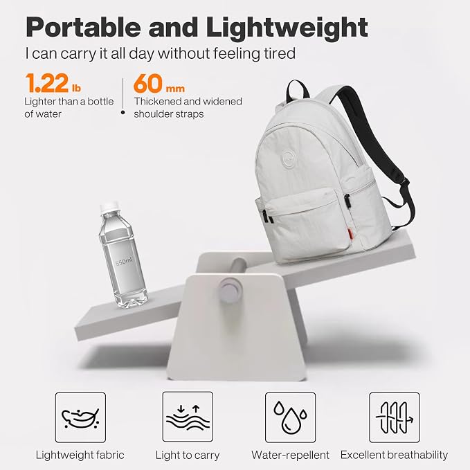 mixi 15 Inch Casual Travel Daypack, Lightweight Laptop Backpack, Light Gray | Ultra Light Backpack, Fits 14in Laptop, Water/Oil/Stain Resistant, Anti-Theft Pocket&Luggage Strap for College Work Hiking