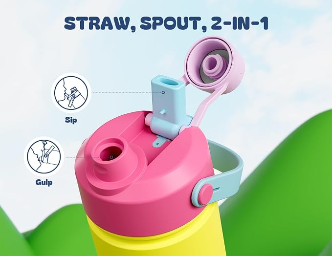 12 oz Kids Insulated Water Bottle for School: 2-in-1 Straw Spout Lid, Leakproof, BPA-Free, Keep Cold 24H, Reusable Stainless Steel Cup for Travel, Camping, Birthday Gift for Boys Girls (Lemon Pop)