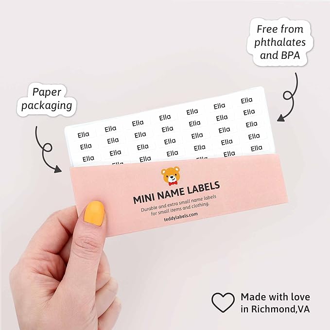 Mini Name Labels (175) - Custom Personalized Name Labels for Labeling Tiny Items, Washer and Dryer-Safe Waterproof Labels for Daycare, Preschool, and School - White/Black