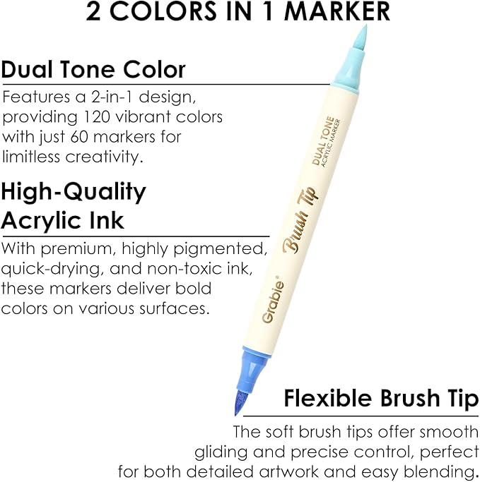 Grabie 120 Colors Acrylic Paint Markers, 60 Pack Dual Tip Soft Brush Acrylic Markers, Water-Based Paint Pens for Paper, Rock Painting, Wood, Canvas, Glass, Fabric, DIY Craft Art Supplies for All Ages