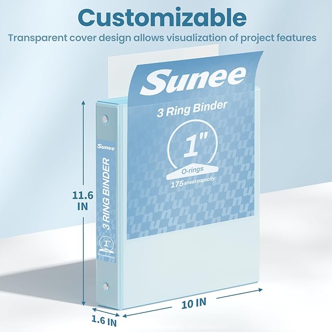 SUNEE 3 Ring Binder 1 Inch 2 Pack, Clear View Binder Three Ring PVC-Free (Fit 8.5x11 Inches) for School or Office Supplies, Blue