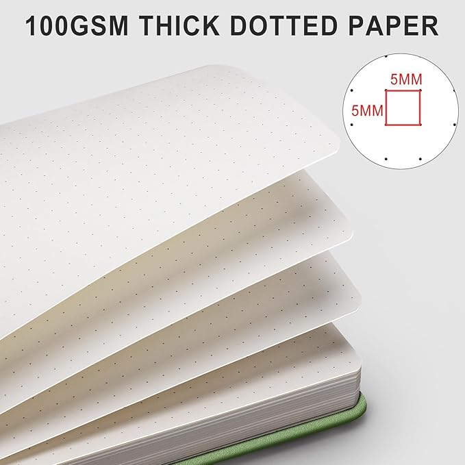 AHGXG Dotted Journal - 320 Numbered Pages Dot Grid Notebook A5 Thick Journal, 100gsm Thick Dotted Paper, Leather Hardcover,Inner Pocket, 5.75'' × 8.38'', Light Green