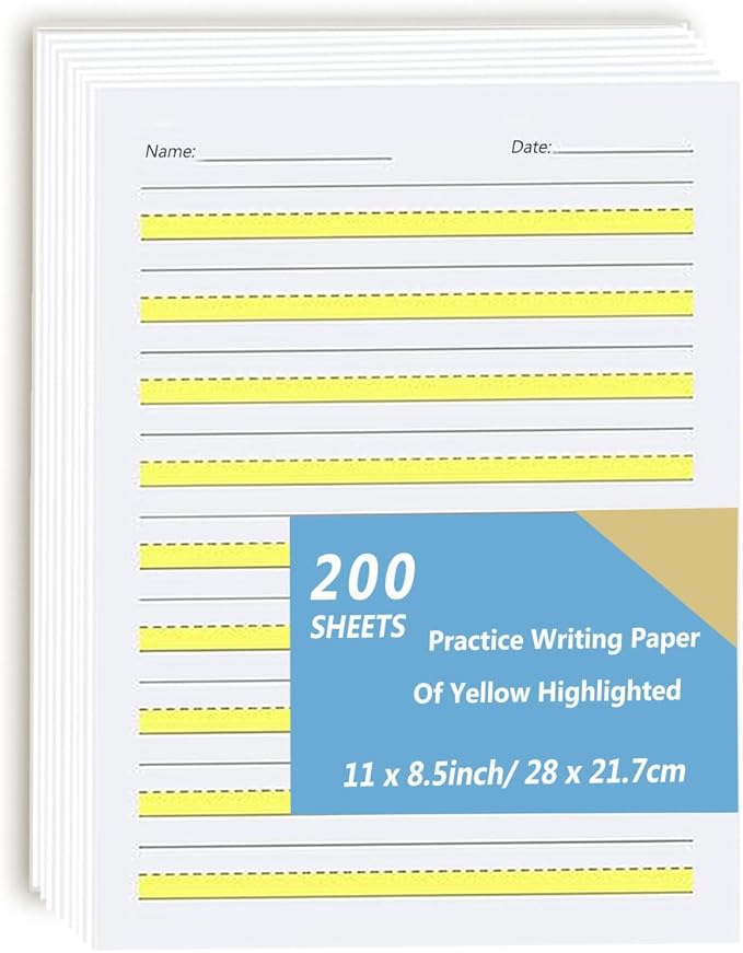 Write Beginner Paper Level 1 Paper with Lines, Yellow Highlighted, 100gsm, 11 x 8.5'', 200 Sheets