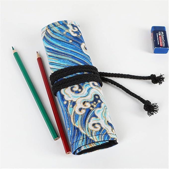 DIYOMR 24/36/72 Slots Pencil Wrap Pencil Rolls, Artist Colored Pencils Roll Up Bag Short Brushes Pouch Case Pencils Organizer for Drawing Coloring and Sketching (Blue Ocean, 72slots)