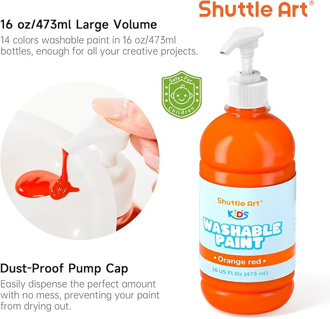 Shuttle Art 14 Colors Washable Paint for Kids, 16 oz Bulk Tempera Paint with Pump, Non-Toxic Kids Washable Paint for Art and Crafts, Home & School Must Haves