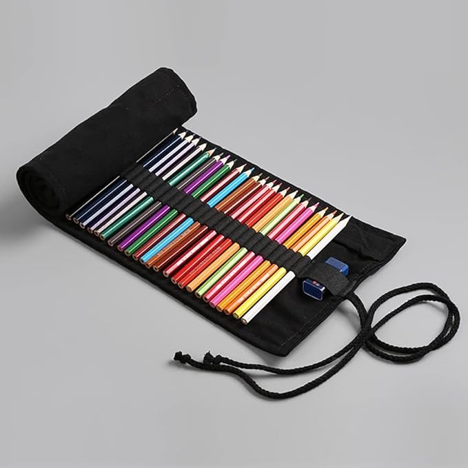 DIYOMR 12/24/36/72 Slots Pencil Wrap Pencil Rolls, Artist Colored Pencil Roll Up Bag Short Brush Pouch Case Pencils Organizer for Drawing Coloring and Sketching, No Pencils (Black, 12slots), PCD1098