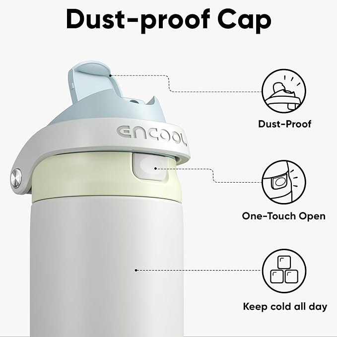 ENCOOL Leakproof Insulated Water Bottle with Straw Dual-Sip Water Bottle Bag-Safe Design for Work, Commute & Gym – Keeps Drinks Cold All Day, 18 oz, Cloud-Hill White