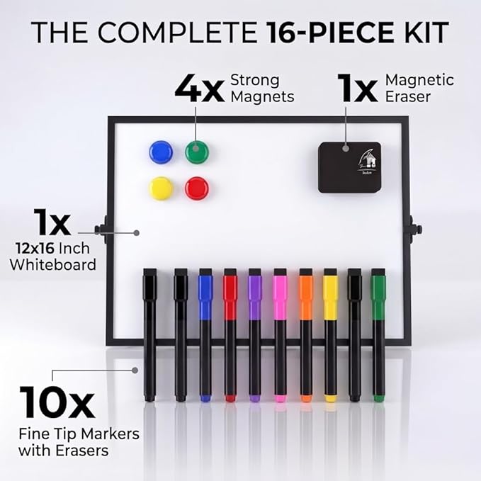 12x16 Magnetic Dry Erase Whiteboard with Stand – Double-Sided Desktop Board, 10 Markers, 4 Magnets & Eraser – Black Frame | LULU OFFICE