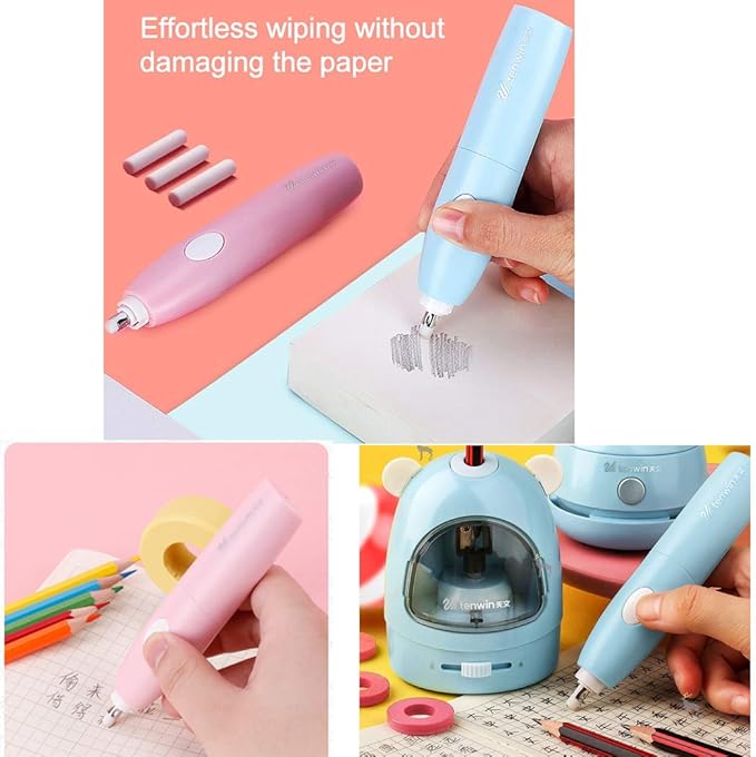 Electric Pencil Sharpener Stationery Set Gift Box Desktop Vacuum Cleaner Electric Eraser with Replacement Blade, Eraser, Battery Operated Automatic Sharpener, Blue