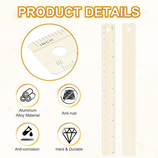 HARFINGTON Metal Straight Ruler 8 Inch(20cm) Metric Aluminum Alloy Measuring Rulers Scale Tool with Hole for Measure Study Reading Classroom Office, Beige