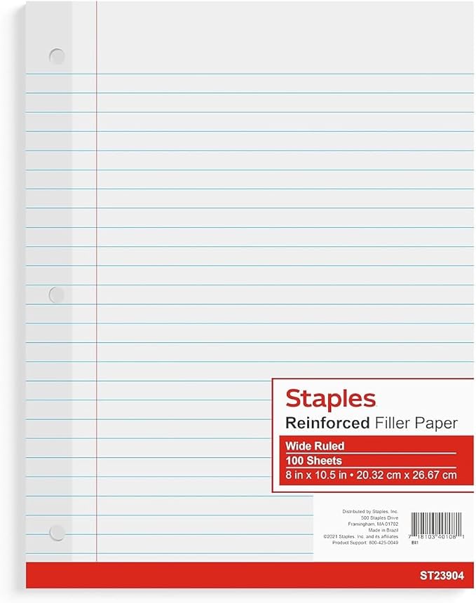 STAPLES Reinforced Filler Paper, 8” x 10.5”, Wide Ruled, 100 Sheets