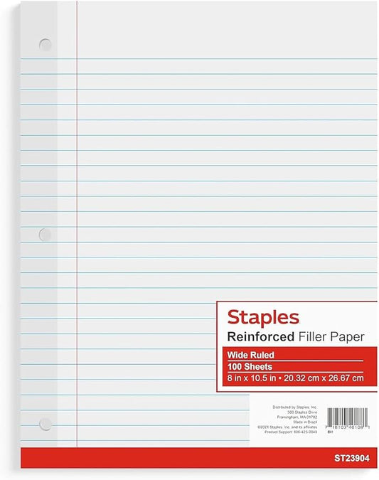 STAPLES Reinforced Filler Paper, 8” x 10.5”, Wide Ruled, 100 Sheets