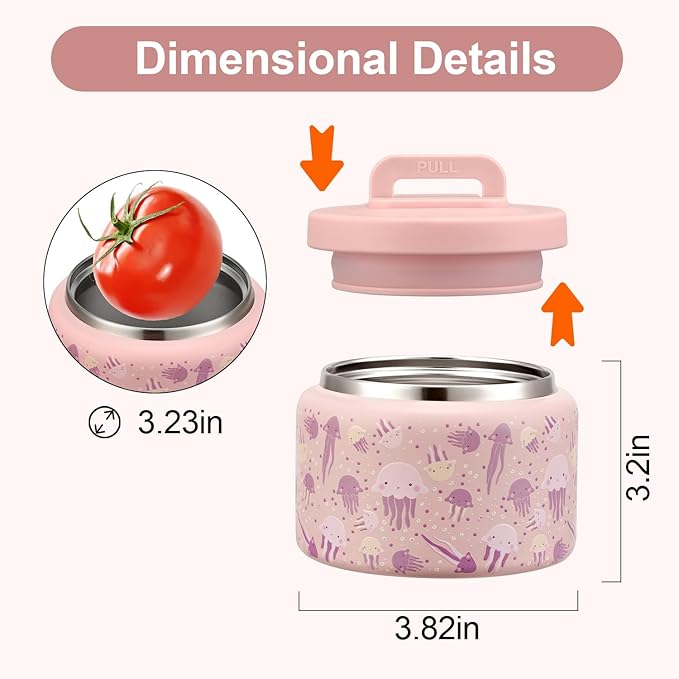 JXXM 8 Oz Thermo Food Jar for Hot & Cold Food for Kids, Insulated Lunch Containers Hot Food Jar,Leak-Proof Vacuum Stainless Steel Wide Mouth Lunch Soup Thermo for School (Pink-Jellyfish)