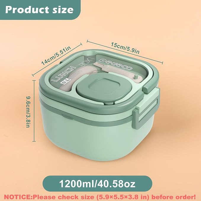 PEDECO Single-Layer Bento Lunch Box for Kids & Adults with Removable Stainless Steel Lunch Container,Dressing Container,BPA-Free,Dishwasher Safe - Includes Utensil(Green,Not Insulated)