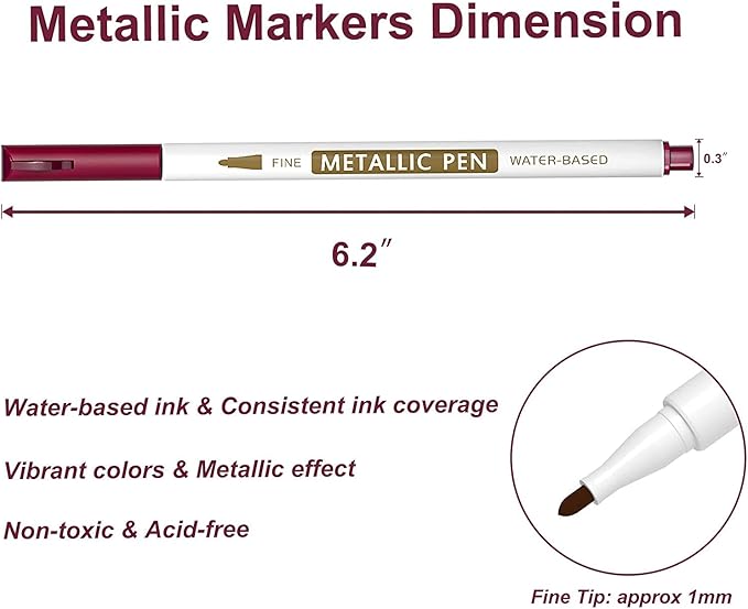 Lineon 30 Pack Metallic Marker Pens, 24 Colors Fine Tip Paint Pens with 6 Stencils for Black Paper DIY Craft Photo Album Rock Art Painting Card Making Glass Wood