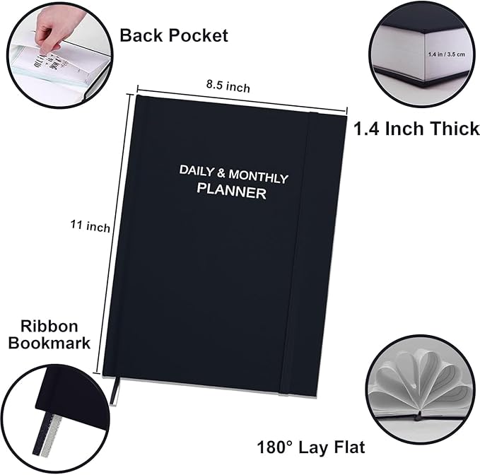 Daily & Monthly Planner for 2026 or Anytime - ADHD Planner Two Pages Per Day, Daily Planner Undated to Increase Focus, Eliminate Overwhelm, Achieve Your Biggest Goals, 8.5'' × 11'', Black
