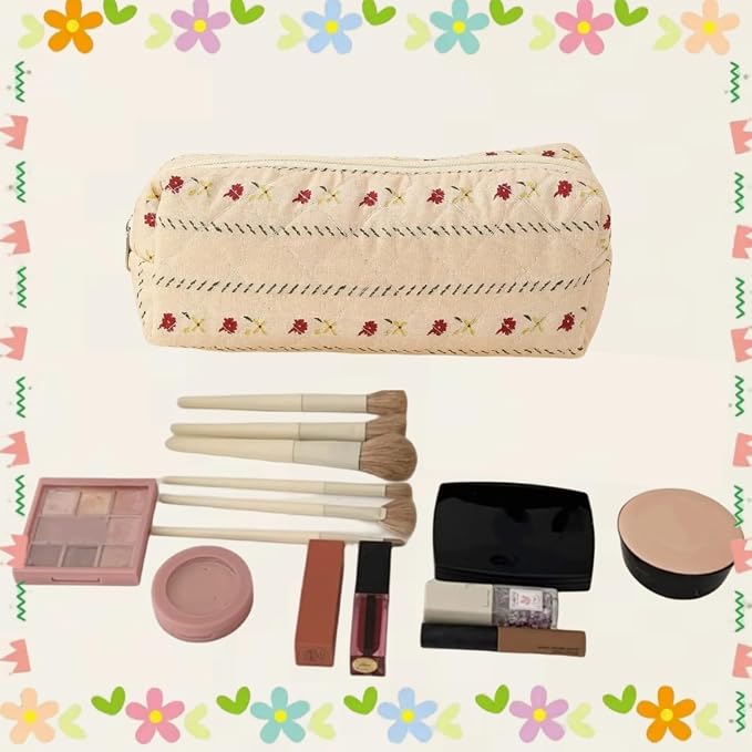 Cute Mini Quilted Makeup Bag for Women Travel Cosmetic Bags Lightweight Coquette Aesthetic Floral Toiletry Organizer Case (Floral#05)