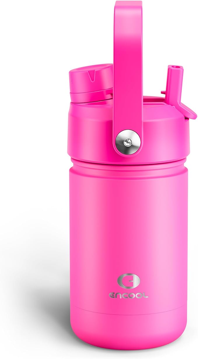 Kids Insulated Water Bottle with Straw - 12oz Stainless Steel Water Bottle with Dual Spouts, Leak-Proof, BPA-Free, Double Wall Vacuum Keeps Cold for 24 Hours for Sports, Travel, School (Persian Rose)