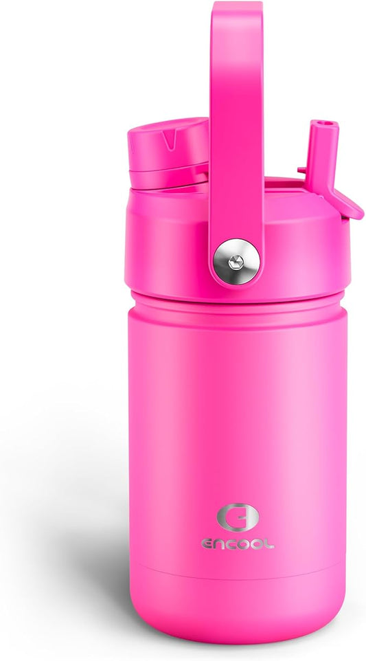 Kids Insulated Water Bottle with Straw - 12oz Stainless Steel Water Bottle with Dual Spouts, Leak-Proof, BPA-Free, Double Wall Vacuum Keeps Cold for 24 Hours for Sports, Travel, School (Persian Rose)