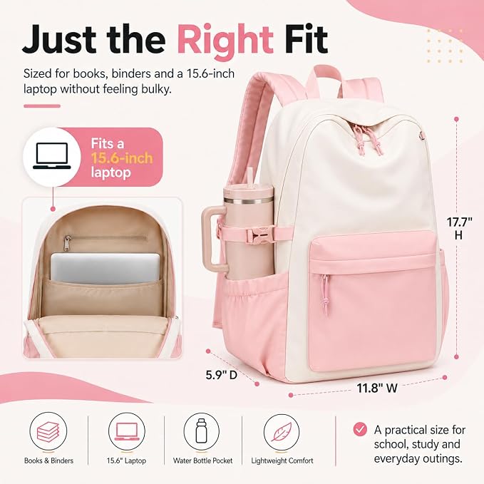 LOIDOU Backpack for Girls School Backpacks Bookbags for Elementary Middle School Women Laptop Backpacks (Pink White-, L-17)