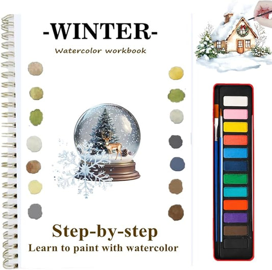 Watercolor Workbooks with Sketches, Beginner Friendly Water Coloring Book Watercolor Paint Set Art Crafts Painting Kit Gift for Adults, Any Level Artist (Winter, with Paint Set)