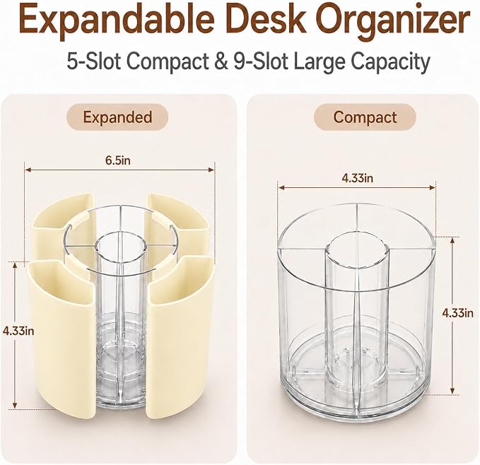 360° Rotating Pen Holder for Desk Adjustable Pencil Organizer, Beige | Plastic Pen Cup for Women Cute Office Supplies and Accessories Desktop Storage Box Art Caddy for School, Work, Home