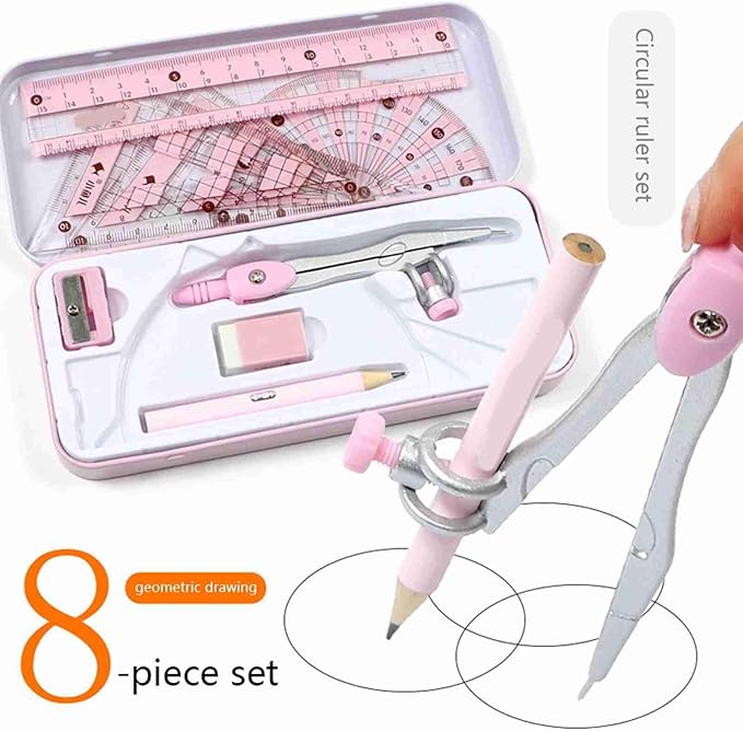 Geometry Set, Pencil for Compass, Pencil Sharpener, Rulers, Straight Ruler, Protractor, Graphic Compass, White Eraser Shatterproof Storage Box Protractor, Math Geometry Kit Drawing Tools (Pink)