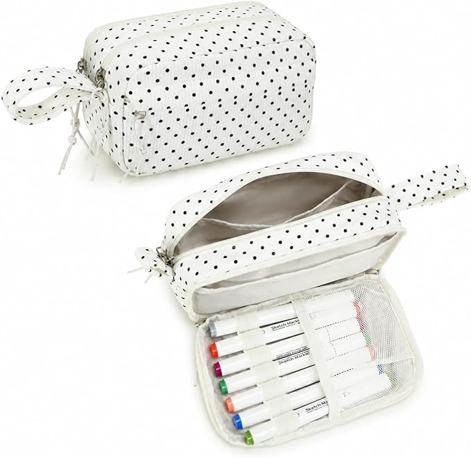 Bluboon Big Capacity Pencil Case Pencil Pouch Pen Case School Supplies Cute Pencil Box Pencil Bag for Teen Girls Boys Women Man (Black dots - White)