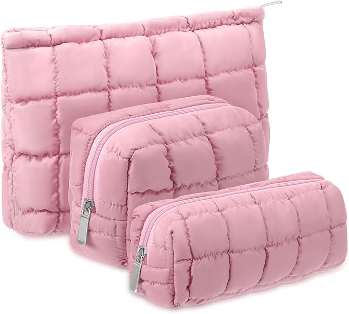 Huhumy 3 Pcs Puffy Makeup Bag Quilted Cosmetic Pouch for Women Cute Checkered Travel Toiletry Bag Puffer Makeup Organizer Purse Pouch Preppy Pencil Case with Zipper