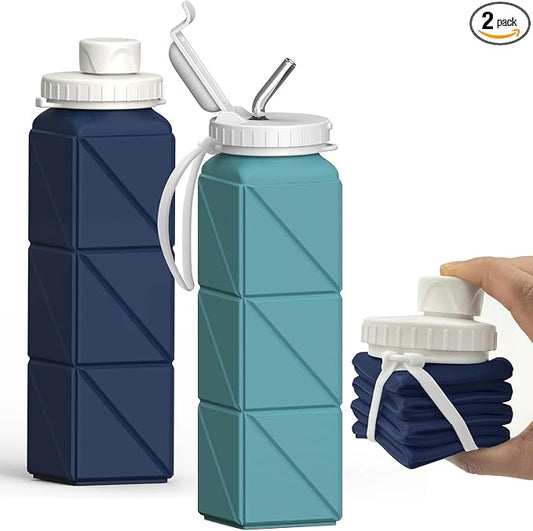 BEAUTAIL Collapsible Water Bottles 21oz/610mL, Silicone Travel Water Bottle | BPA Free, Leakproof & Reusable, Foldable Water Bottle for Traveling, Hiking, School, Sports, Outdoor, 2-Pack, Blue+DarkBlue