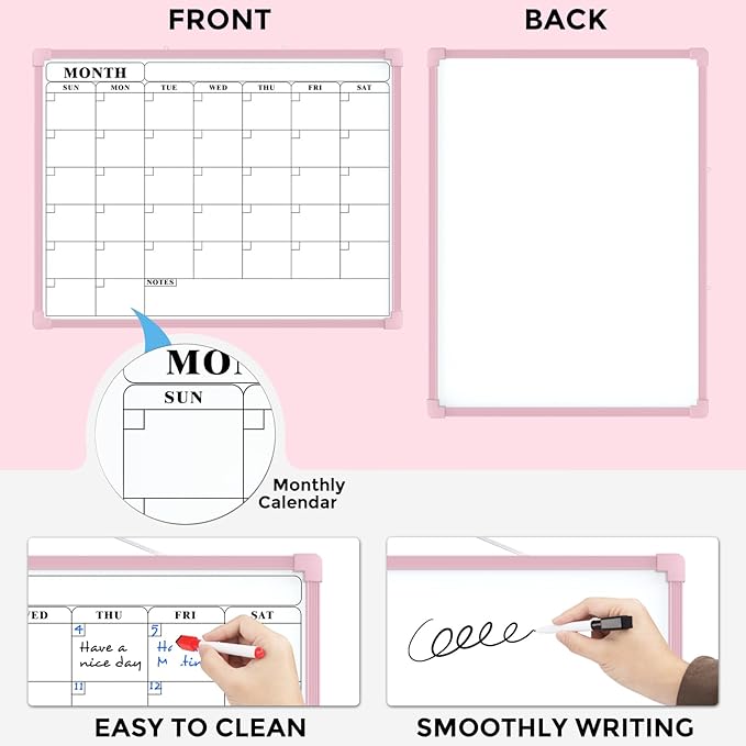 MaxGear Monthly Calendar Dry Erase Board for Wall, 16"x12" Small Hanging Double-Sided White Board, Portable Whiteboard for Planning, Drawing, Memo, to Do List, School, Home, Office, Pink Frame