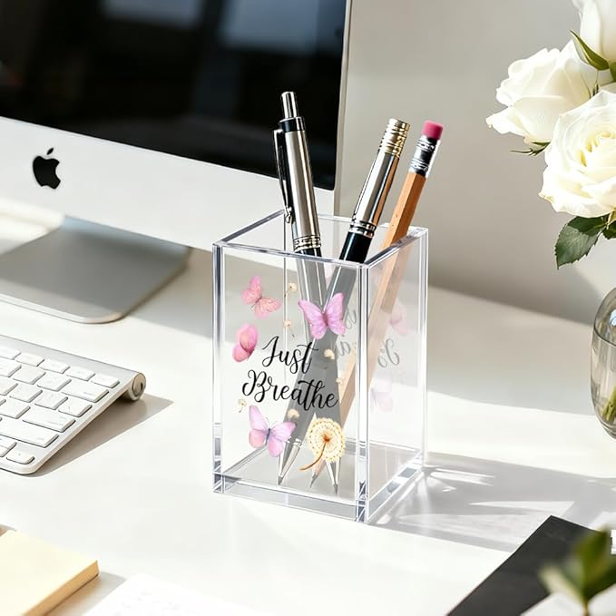 Just Breathe Acrylic Cosmetic Organizer Pen Holder, Anxiety Relaxing Acrylic Desk Holder Cup for Pen Pencil, Dandelion Desk Organizer, Mental Health Office Gifts for Coworker Leader Friend