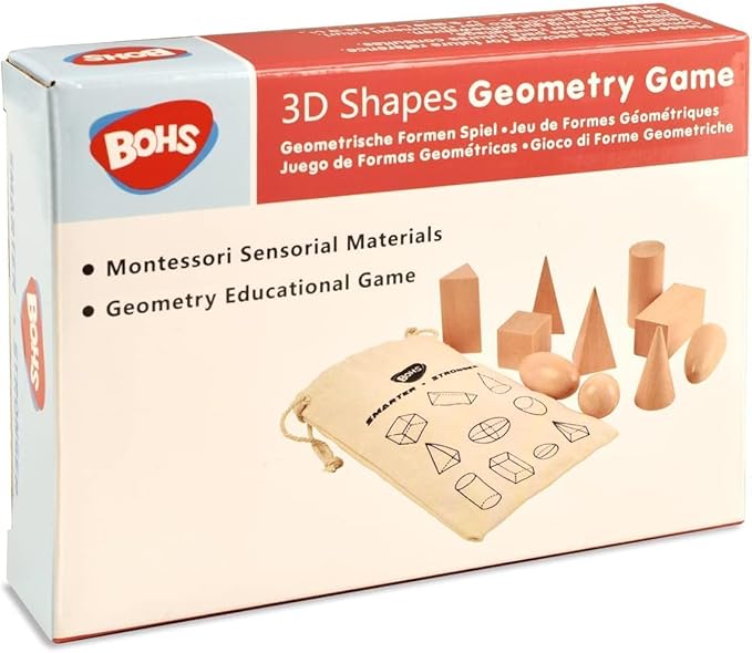 BOHS Geometric Solids Guess Game - 3D Shapes Miniature Set -Wooden Montessori Toys - Ages 3 and Up
