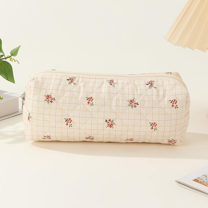 Pencil Case Office College School Storage Bag Pouch Holder Box Organizer Makeup Pouch Cosmetic Bag Aesthetic Cute Pen Case for Girls Boys Kids (Checkered flower)