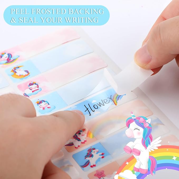Waterproof Name Labels for Kids Daycare 320 Pcs, Unicorn | Self Adhesive Baby Water Bottle Stickers for School Supplies, Self Laminating, School Name Stickers for Lunch Boxes