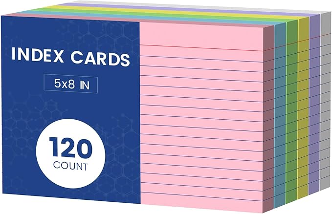 120 Count Index Cards 5x8, 6 Colors large Index Card, Colored Note Cards 5x8, 20 Sheets Per Lined Index Cards Ruled, Color flash cards 5x8, Colored Notecards 5 x 8 for Office, School, and Home