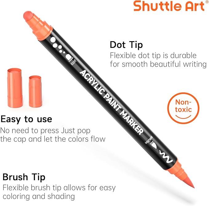Shuttle Art 28 Colors Dual Tip Acrylic Paint Markers, Brush Tip and Dot Tip Acrylic Paint Pens for Rock, Ceramic, Wood, Canvas, Plastic, Glass, Stone, Calligraphy, Card Making, DIY Crafts