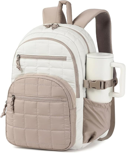 Laptop Backpack for Women, College Bookbag with Tumbler Holder Pocket for Nurse Teacher Work Travel, Quilted Puffer High School Backpack for Girls Big Student, White Camle